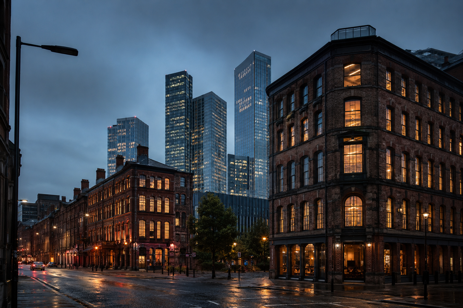 Victorian red-brick buildings against modern glass towers at dusk in Manchester